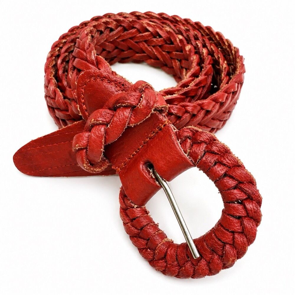 Vintage Red Woven Leather Belt Women Size Large Braided Boho Adjustable 43" West